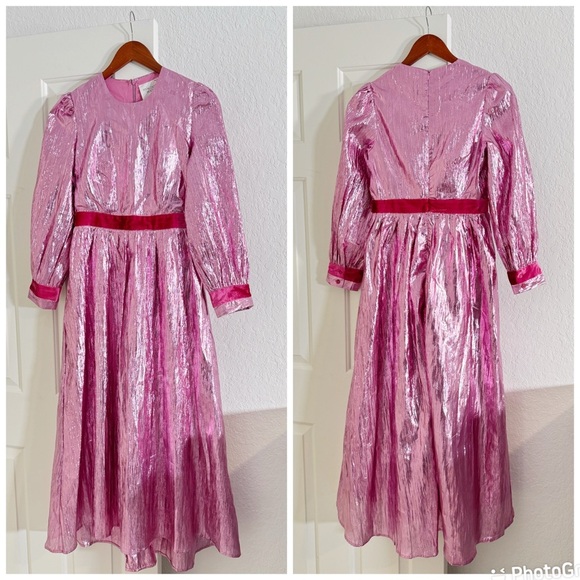 Hyacinth House Tuckernuck Pink Metallic Plisse Eloise Midi Dress - Picture 3 of 7